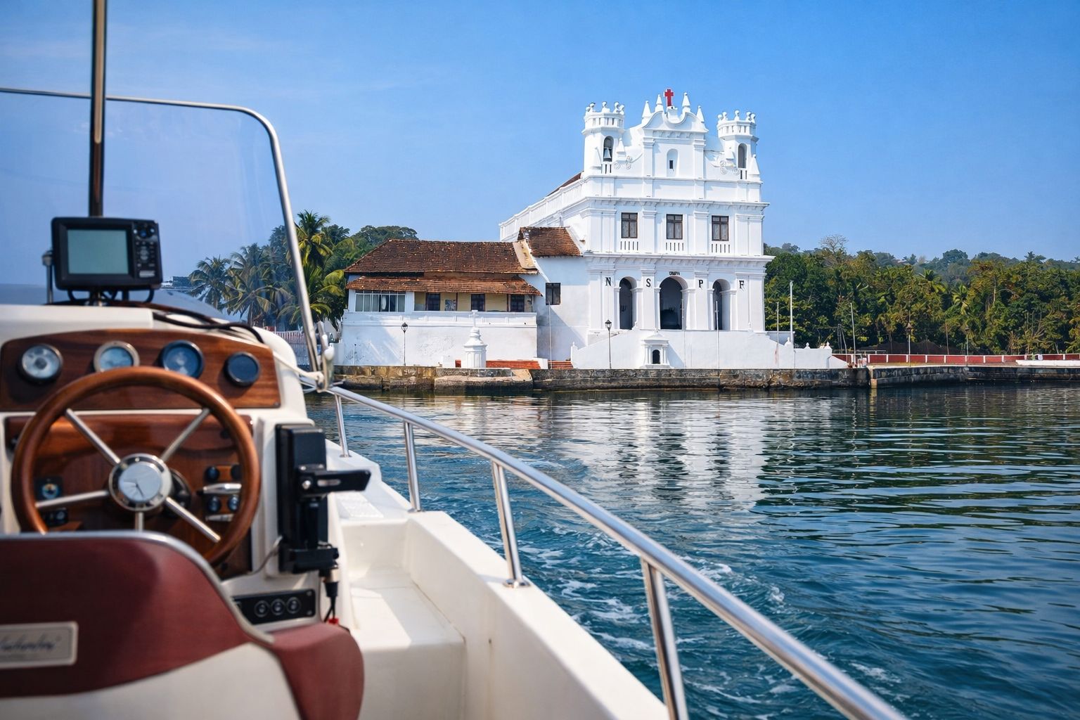 Church of Britona viewed from yacht in Goa